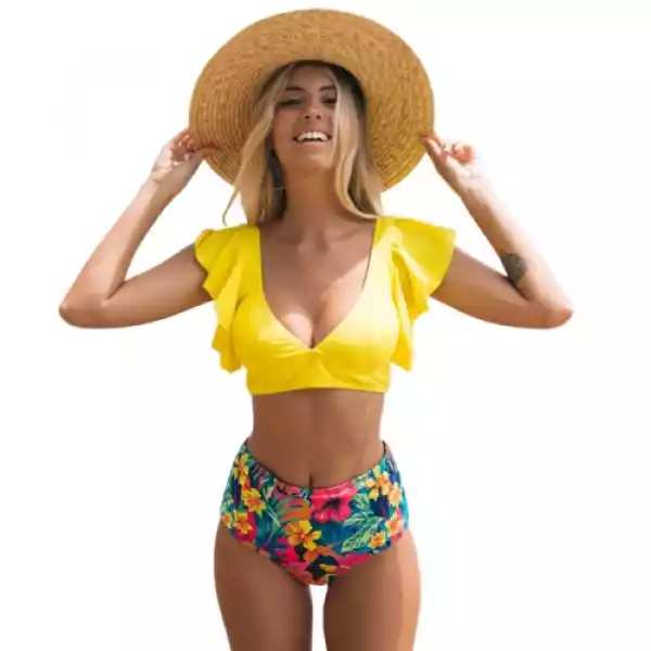 Strój Kąpielowy Bikini Wysoki Stan Falbanka Kwiaty Żółty