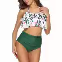 Strój Kąpielowy Bikini Wysoki Stan Falbanka Kwiaty Zielony