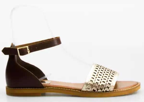 Sandały Z Ażurowym Paskiem Skórzane Brązowe Złote Sempre-38