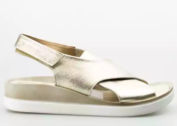 Sandały Na Koturnie Połyskujące Skórzane Złote Beżowe Sempre-38