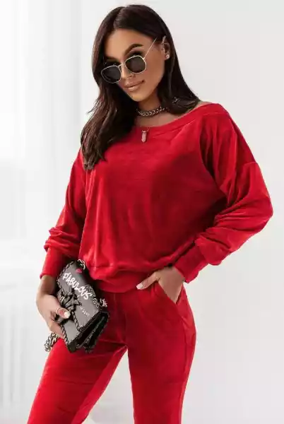 Welurowy Komplet Dresowy Z Bluzą Oversize (Czerwony, M/l)