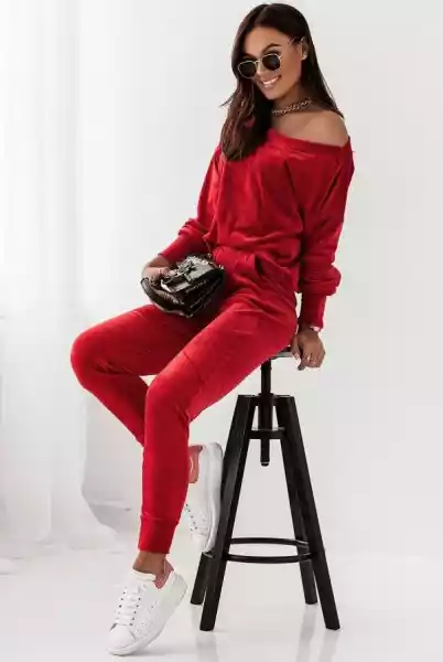 Welurowy Komplet Dresowy Z Bluzą Oversize (Czerwony, Xs/s)