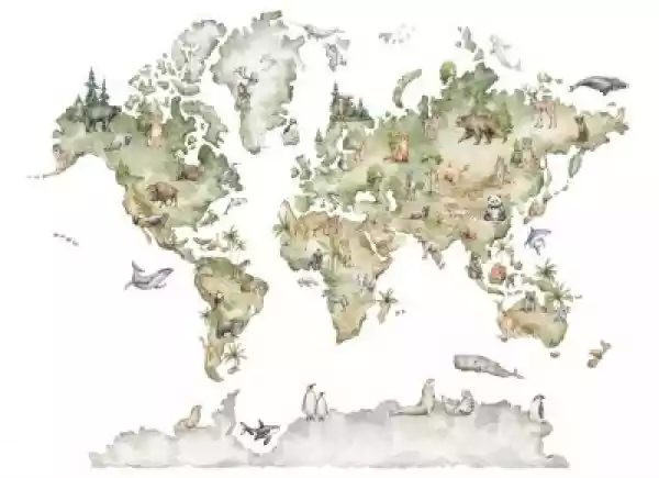 Fototapeta Watercolor World Map With Animals And Natural Element