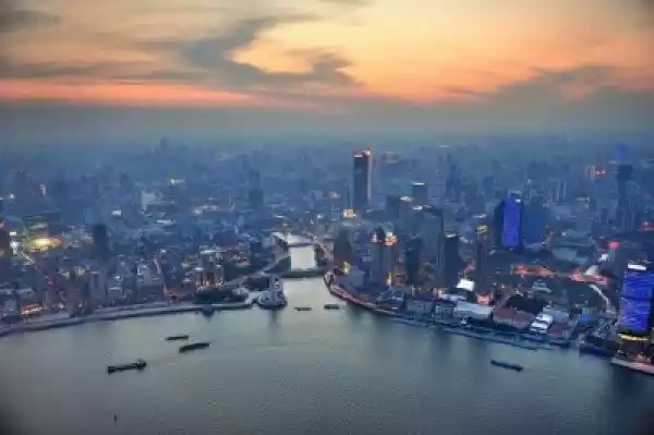 Fototapeta Aerial Shanghai O Zachodzie Słońca