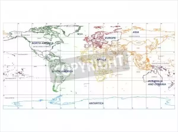 Fototapeta Szczegółowa Mapa Świata Z Nazw Kontynentu I Krajów, W
