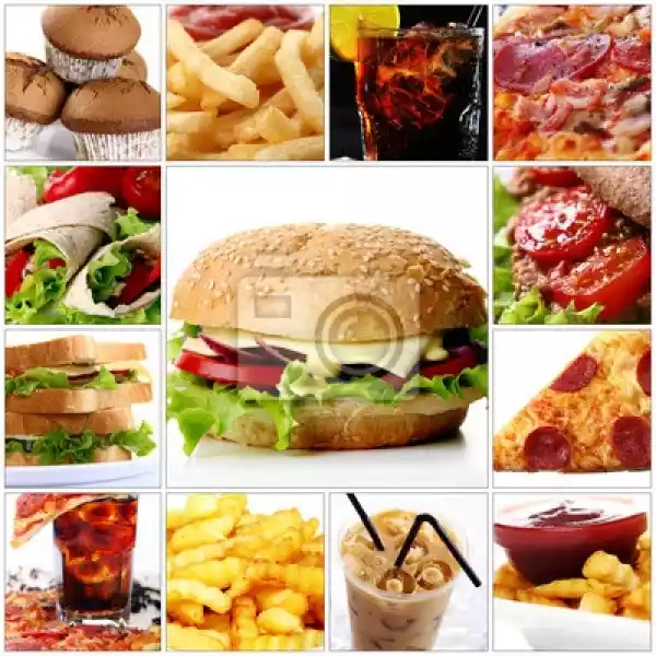 Obraz Szybka Food Collage Z Cheeseburger W Centrum