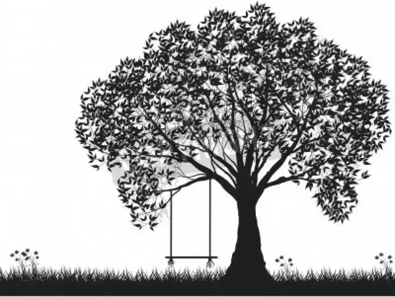 Obraz Vector Sylwetka Drzewa, Kwiaty I Trawa, Czarne I Białe Wek
