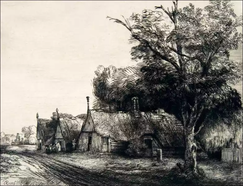 Landscape With Three Gabled Cottages Beside A Road, Rembrandt - 