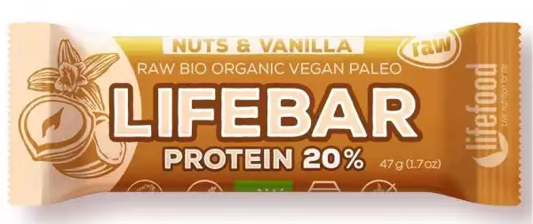 Lifefood − Baton Proteinowy Z Orzechami I Wanilią Raw Bez Dodatku Cukrów Bezglutenowy Bio − 47 G