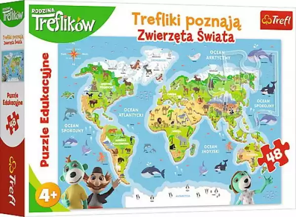 Trefl Puzzle 48 Elementów - Edukacyjne, Mapa, Trefliki Poznają Zwierzęta Świata