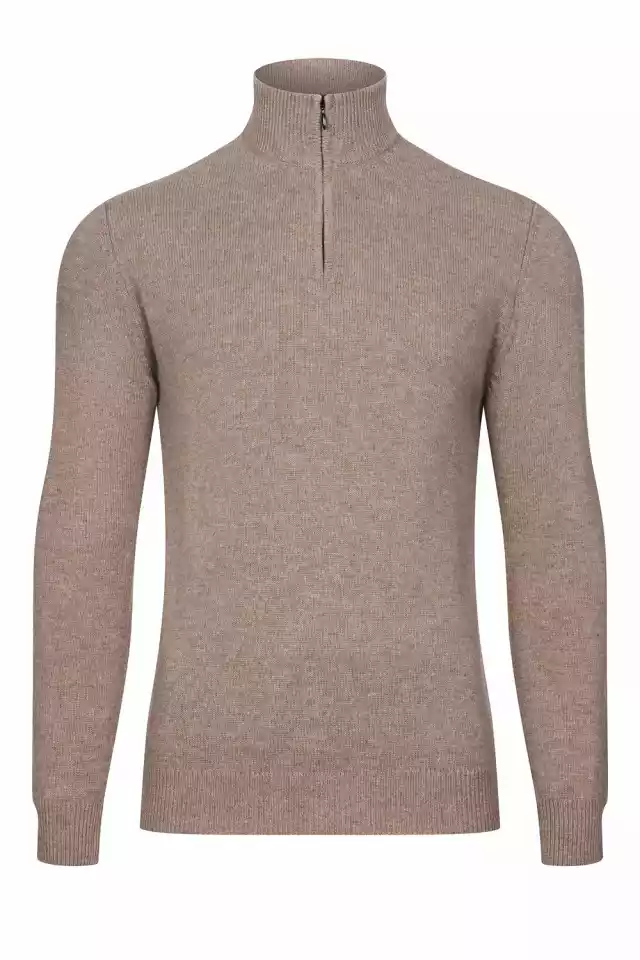 Brązowy Sweter Z Wełny Merynos Z Suwakiem 7Xl