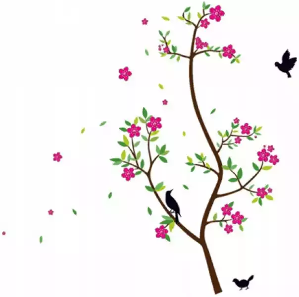 Naklejka Na Ścianę Drzewo Kwiaty Gałązka Ptaki