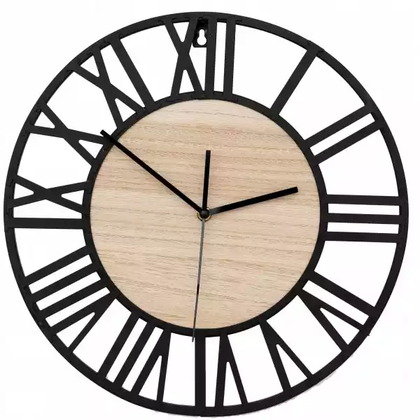 Zegar Okrągły Ścienny Czarny Loft Drewno 35Cm