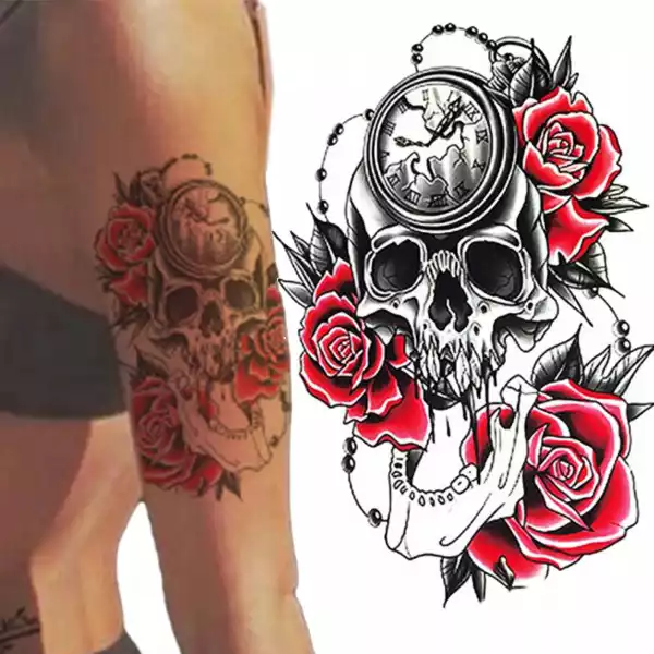 Duży Tatuaż Zmywalny Tymczasowy Motyw Róże Czaszka