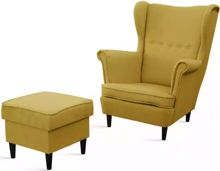 ﻿żółty Fotel Z Podnóżkiem Uszak Classic Skandynawski Zestaw Wypoczynkowy