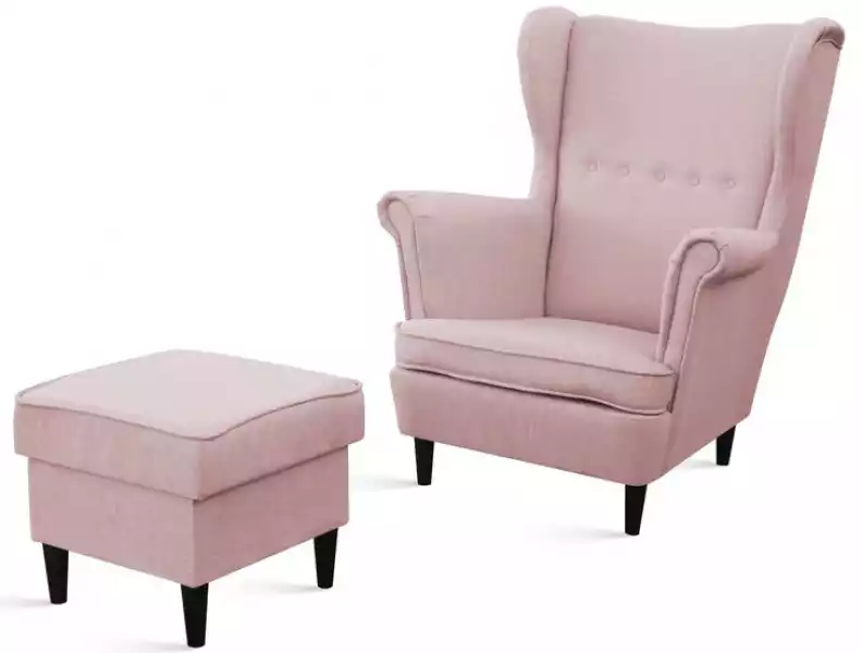 ﻿różowy Fotel Z Podnóżkiem Uszak Classic Skandynawski Zestaw Wypoczynkowy