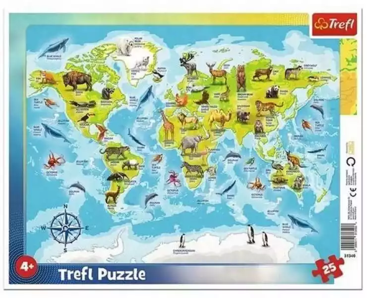 ﻿puzzle Ramkowe 25 Mapa Świata Ze Zwierzętami Trefl