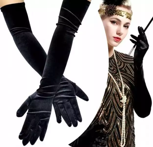 ﻿rękawiczki Satynowe Czarne Długie Wieczorowe Retro