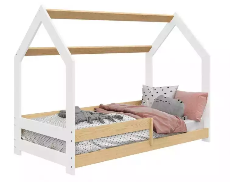 ﻿łóżko Domek Dziecięce 160X80 Dla Dzieci Białe Blaty I Sosnowe Dłużyce  D5