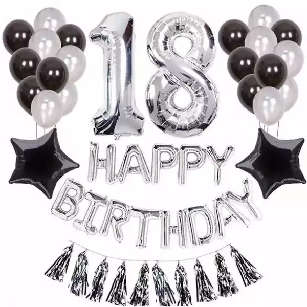 ﻿zestaw Balonów Na 18-Ste Urodziny - Srebrno Czarne