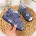 Sandały Skórzane Chłopięce Ortopedyczne Z Misiem Niebieskie Korn