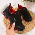 Buty Trekkingowe Dziecięce Wodoodporne Na Rzepy Czarno-Czerwone 
