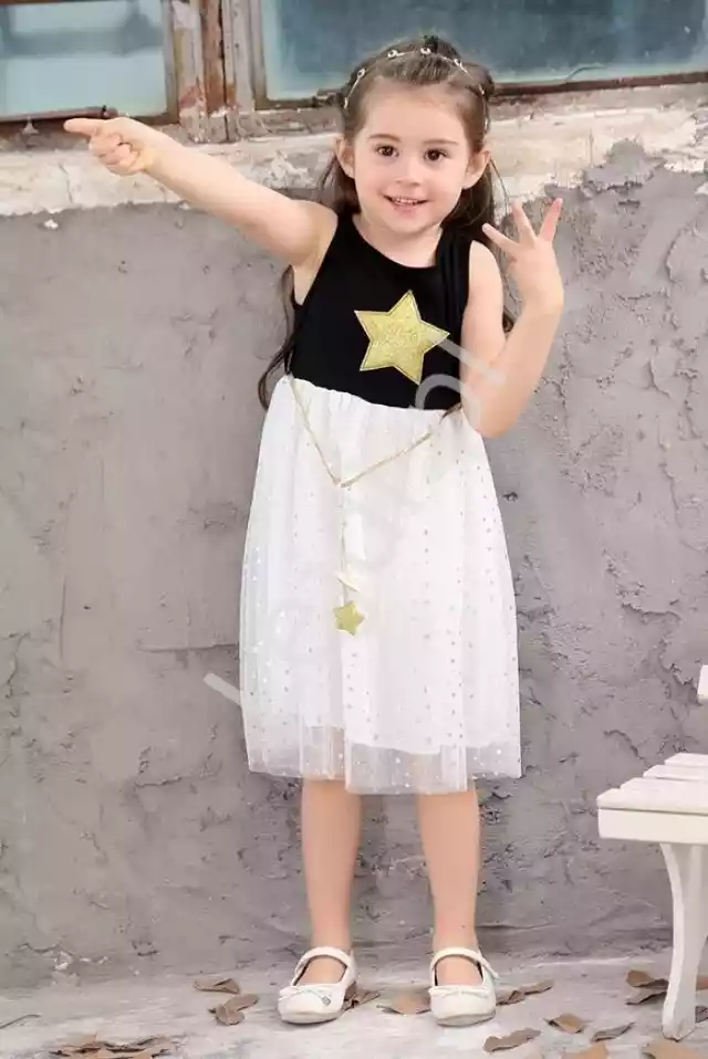 Bawełniana Sukienka Dla Dziewczynki Z Tiulową Spódnicą  W Gwiazd