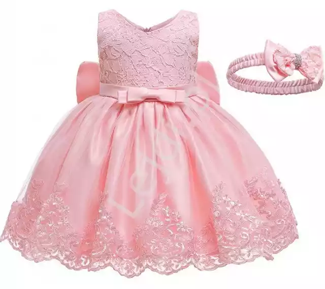 Elegancka Różowa Dziecięca Sukienka Na Chrzciny, Wesele W Komple